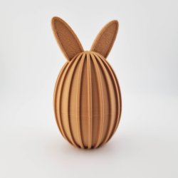 3D printet p�ske�g med kanin�rer i brun farve og rillet design p� hvid baggrund