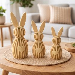 Moderne 3D printede p�skeharer i tre st�rrelser p� tr�bord som stilren p�skepynt