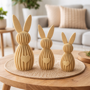 Moderne 3D printede p�skeharer i tre st�rrelser p� tr�bord som stilren p�skepynt