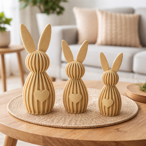 Moderne 3D printede p�skeharer i tre st�rrelser p� tr�bord som stilren p�skepynt