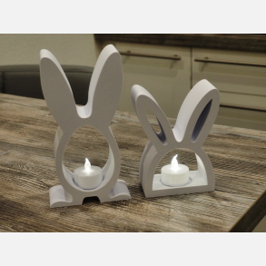 3D printet kanin fyrfadsstage med LED tea light p� tr�bord