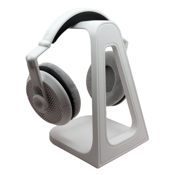 Hvid headset holder med opbevaringsbakke p� skrivebord